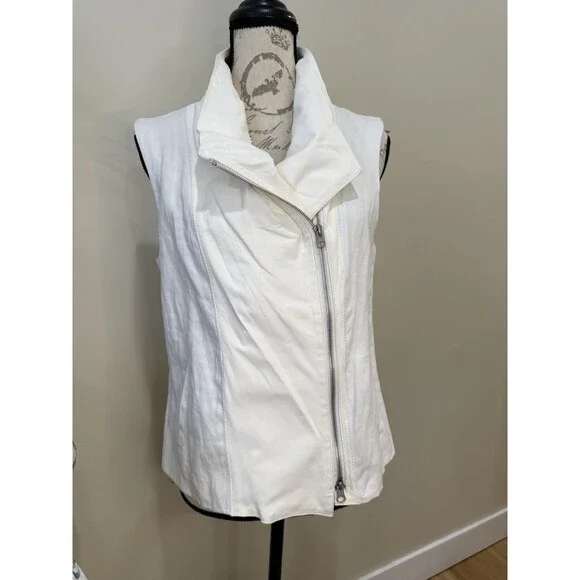 VINCE Asymmetric Leather Linen Moto Vest Sz L Cream Ivory White Zip MSRP $625